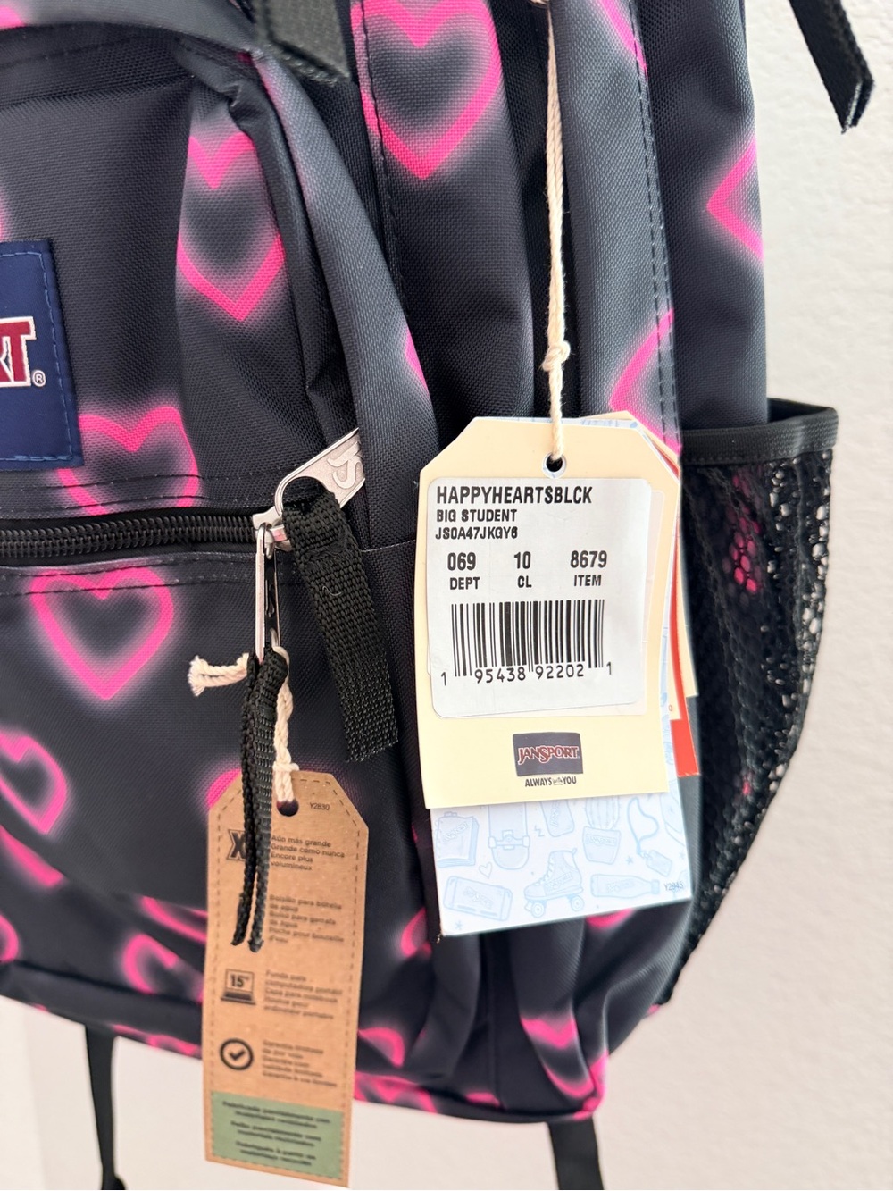 Jansport Black Backpack with Pink Heart Print - Picture 2 of 4